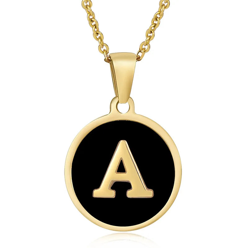 Fashion Stainless Steel Initial Pendant Necklace for Women 18k Gold Plated Chain Round Black White 26 Letters Bulk Wholesale