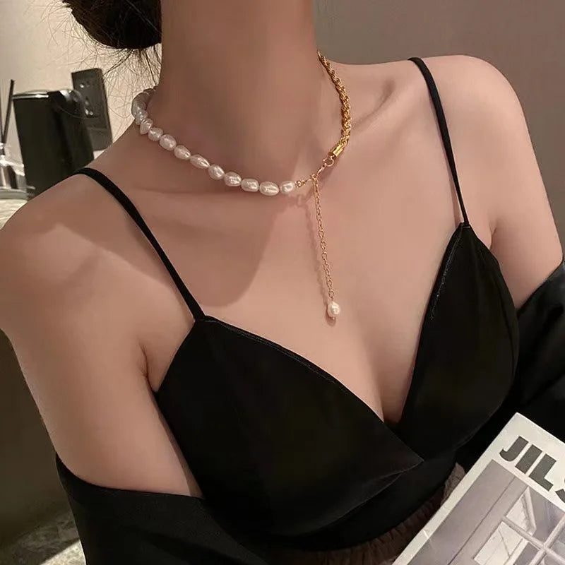 New Design Freshwater Pearl Beaded Stainless Steel Rope Chain Choker Necklace for Women Party Wedding Trendy Jewelry