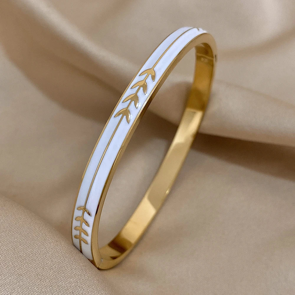 Flashbuy Stainless Steel Golden Leaves White Enamel Bracelet Bangle For Women Fashion Charm Waterproof Wrist Jewelry Gift