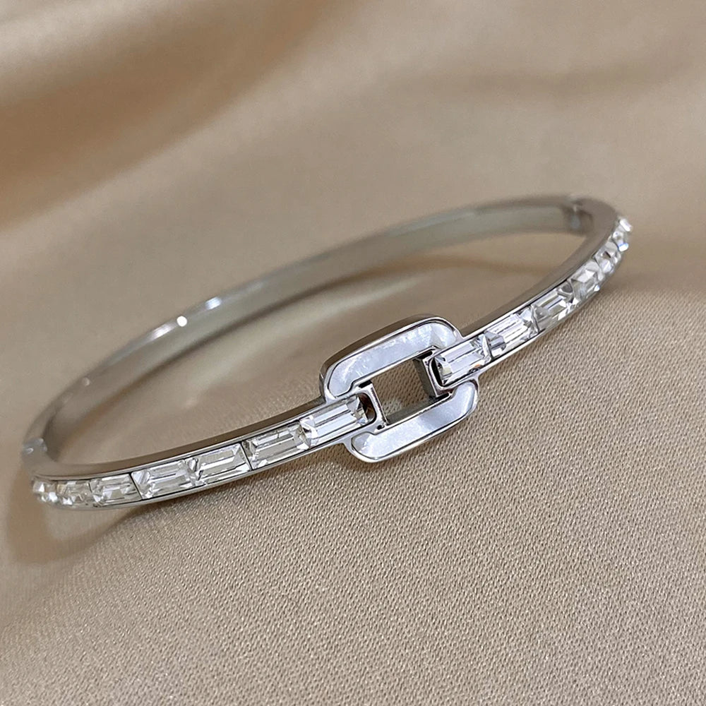 Luxurious Inlaid Rectangle bangle bracelet with cubic Zirconia