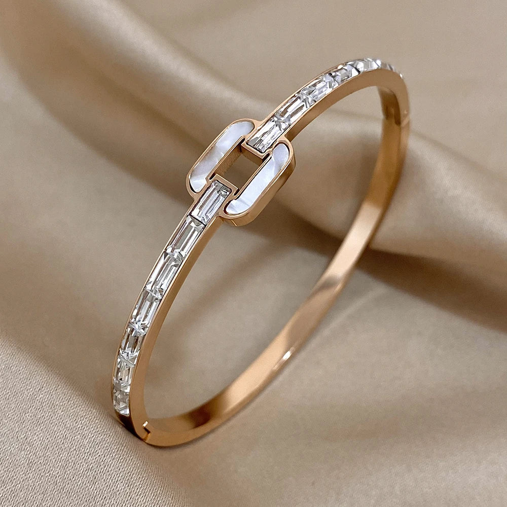 Luxurious Inlaid Rectangle bangle bracelet with cubic Zirconia