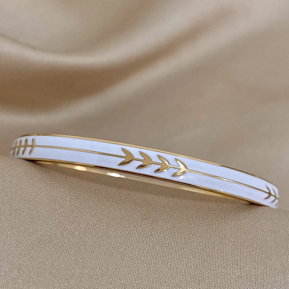 Flashbuy Stainless Steel Golden Leaves White Enamel Bracelet Bangle For Women Fashion Charm Waterproof Wrist Jewelry Gift