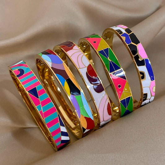 Unique Colorful Enamel Geometric Pattern Cuff Bracelet for Women Personality Gold Plated Stainless Steel Bangles Charm Jewelry