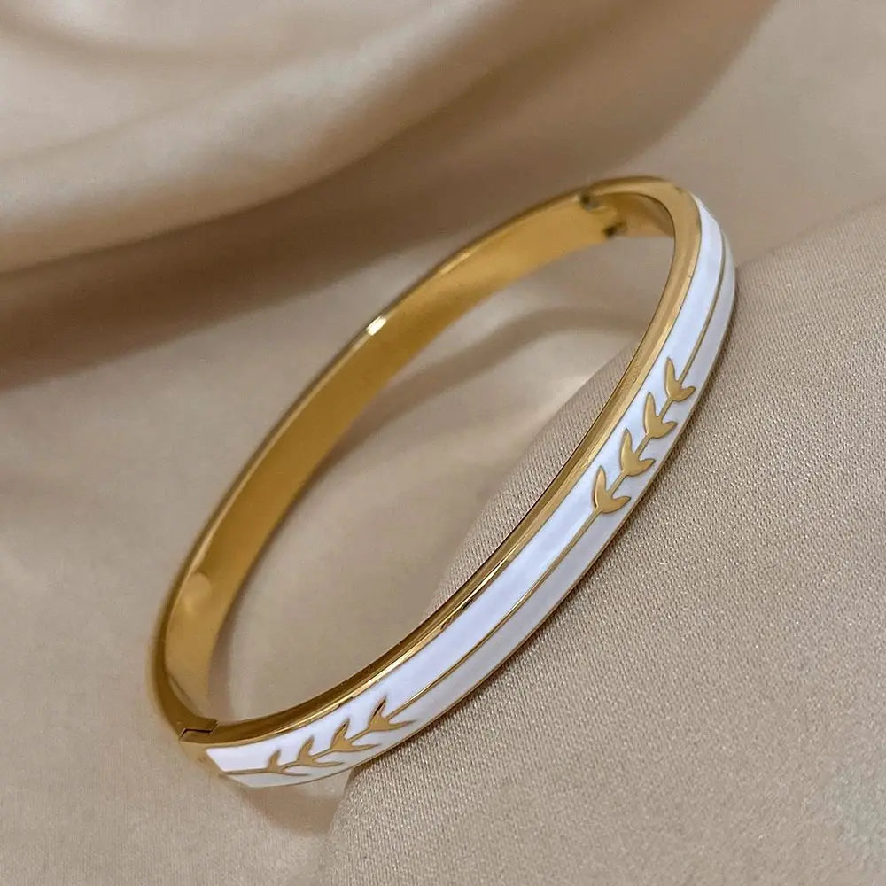 Flashbuy Stainless Steel Golden Leaves White Enamel Bracelet Bangle For Women Fashion Charm Waterproof Wrist Jewelry Gift