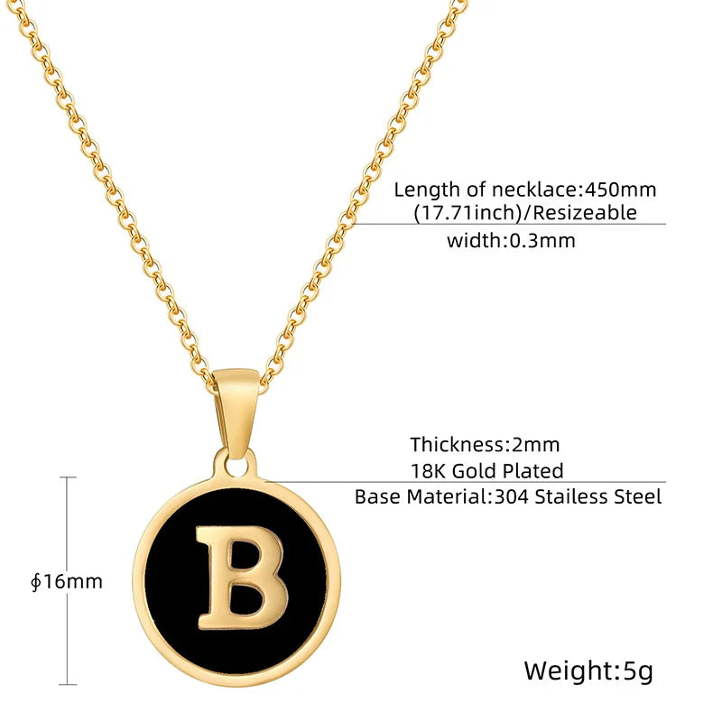 Fashion Stainless Steel Initial Pendant Necklace for Women 18k Gold Plated Chain Round Black White 26 Letters Bulk Wholesale