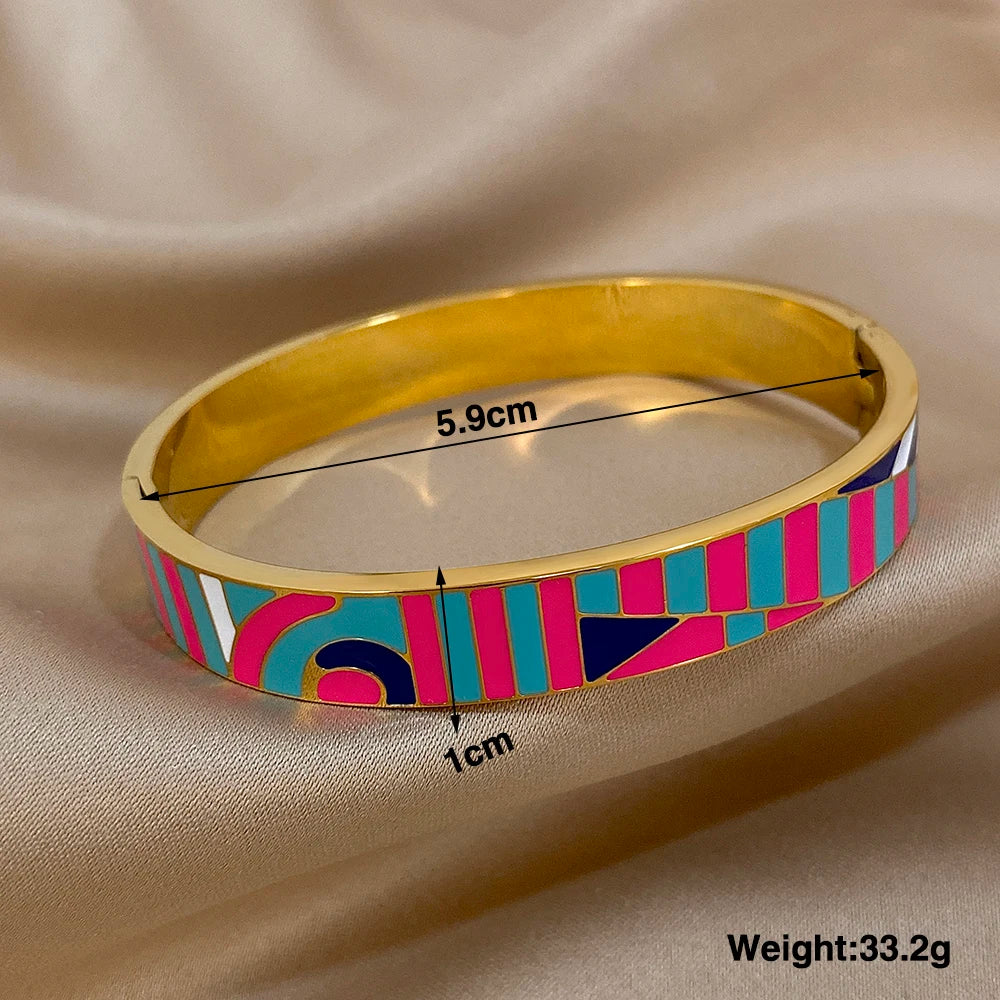 Unique Colorful Enamel Geometric Pattern Cuff Bracelet for Women Personality Gold Plated Stainless Steel Bangles Charm Jewelry