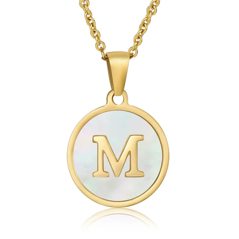 Fashion Stainless Steel Initial Pendant Necklace for Women 18k Gold Plated Chain Round Black White 26 Letters Bulk Wholesale