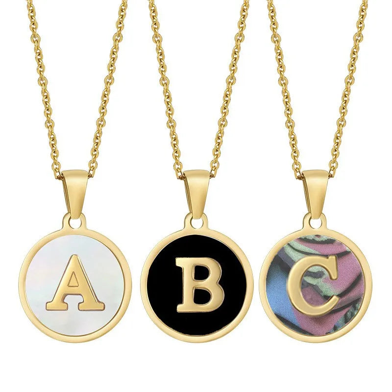 Fashion Stainless Steel Initial Pendant Necklace for Women 18k Gold Plated Chain Round Black White 26 Letters Bulk Wholesale