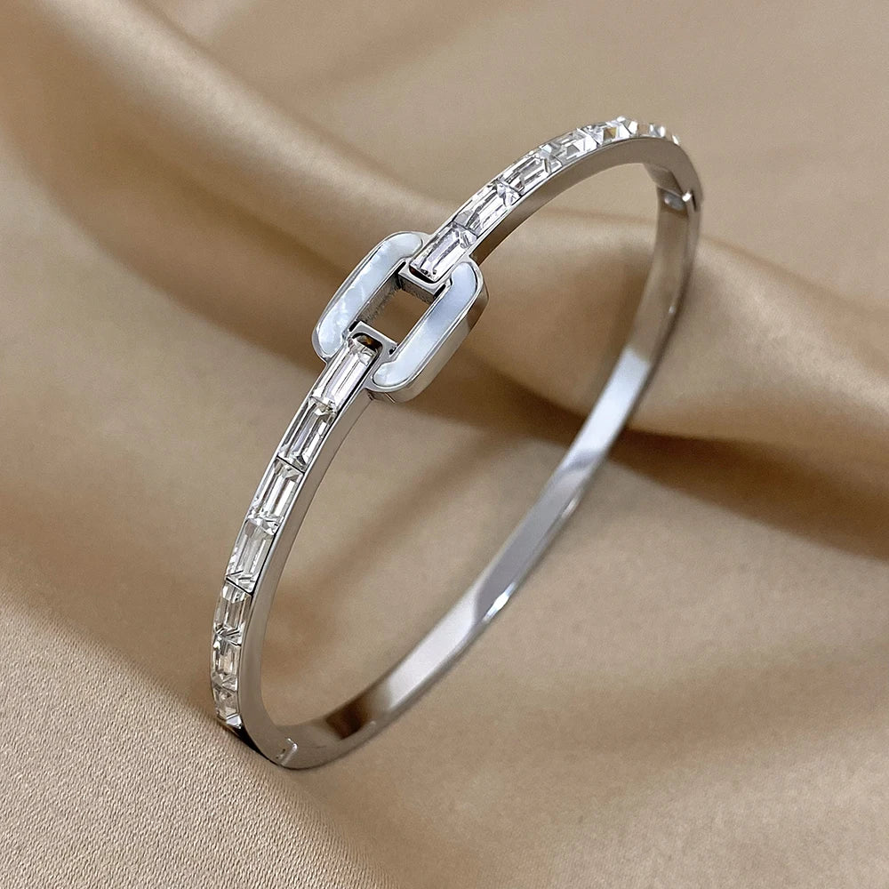 Luxurious Inlaid Rectangle bangle bracelet with cubic Zirconia