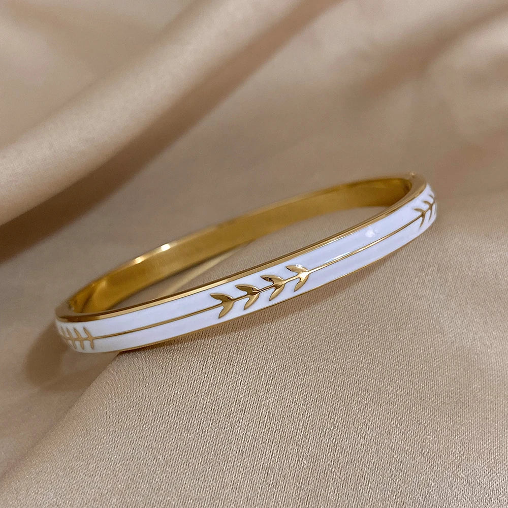 Flashbuy Stainless Steel Golden Leaves White Enamel Bracelet Bangle For Women Fashion Charm Waterproof Wrist Jewelry Gift