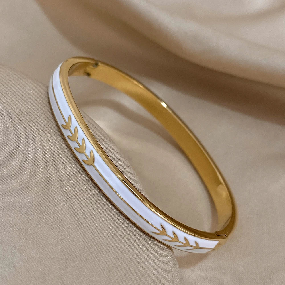 Flashbuy Stainless Steel Golden Leaves White Enamel Bracelet Bangle For Women Fashion Charm Waterproof Wrist Jewelry Gift