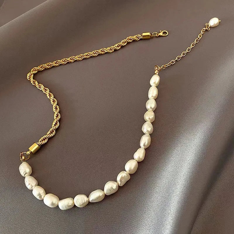 New Design Freshwater Pearl Beaded Stainless Steel Rope Chain Choker Necklace for Women Party Wedding Trendy Jewelry