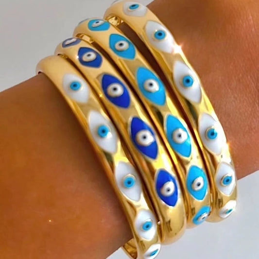 Vintage Stainless Steel Boho Enamel Evil Eye Bangles Bracelet Cuff